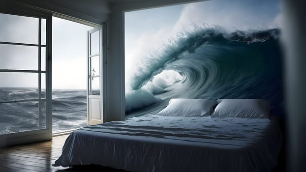 generic empty bedroom with white double bed with ocean wave is about to cover it, neural network generated art. Digitally generated image. Not based on any actual scene.