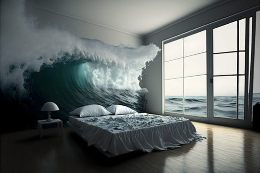 generic empty bedroom with white double bed with ocean wave is about to cover it, neural network generated art. Digitally generated image. Not based on any actual scene.