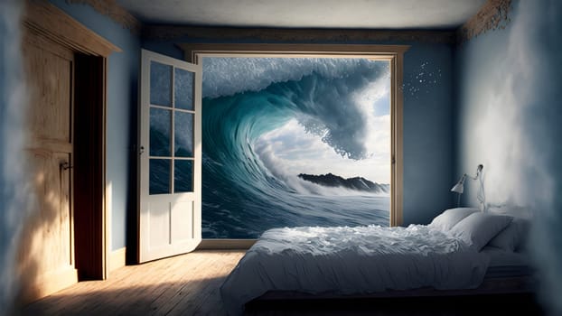 generic empty bedroom with white double bed with ocean wave is about to cover it, neural network generated art. Digitally generated image. Not based on any actual scene.