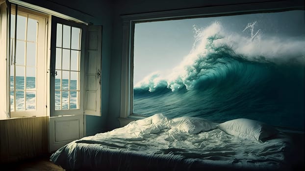 generic empty bedroom with white double bed with ocean wave is about to cover it, neural network generated art. Digitally generated image. Not based on any actual scene.