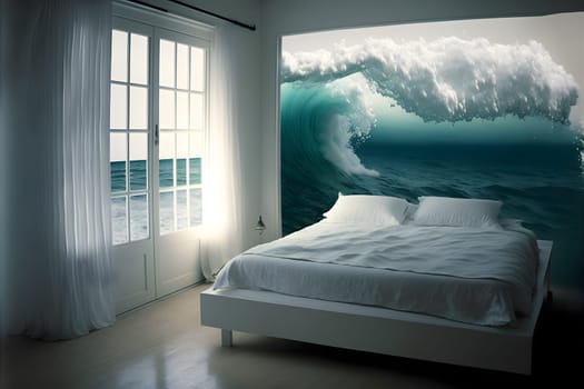 generic empty bedroom with white double bed with ocean wave is about to cover it, neural network generated art. Digitally generated image. Not based on any actual scene.