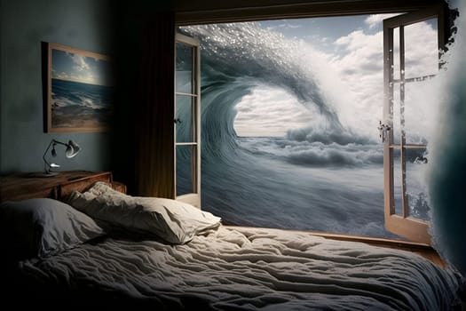 generic empty bedroom with white double bed with ocean wave is about to cover it, neural network generated art. Digitally generated image. Not based on any actual scene.