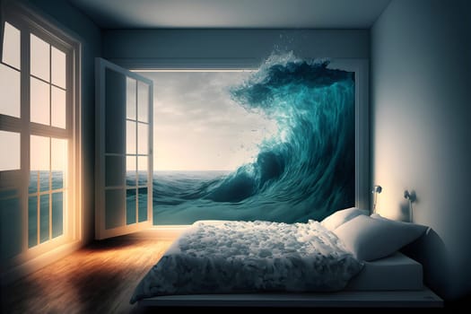 generic empty bedroom with white double bed with ocean wave is about to cover it, neural network generated art. Digitally generated image. Not based on any actual scene.