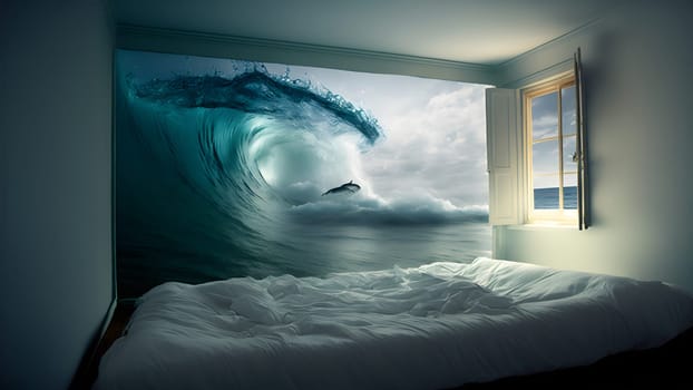 generic empty bedroom with white double bed with ocean wave is about to cover it, neural network generated art. Digitally generated image. Not based on any actual scene.