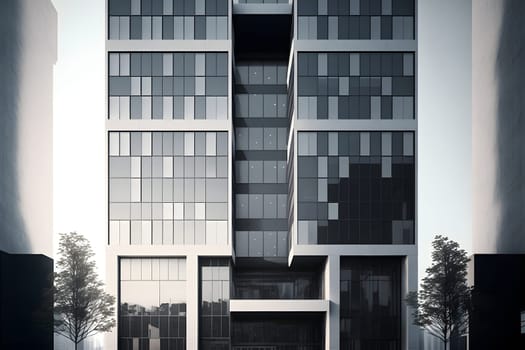 Contemporary apartment building, modern architecture, retail base with large windows, neural network generated art. Digitally generated image. Not based on any actual person, scene or pattern.