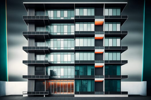 Contemporary apartment building, modern architecture, retail base with large windows, neural network generated art. Digitally generated image. Not based on any actual person, scene or pattern.