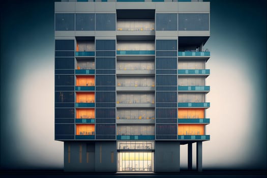 Contemporary apartment building, modern architecture, retail base with large windows, neural network generated art. Digitally generated image. Not based on any actual person, scene or pattern.
