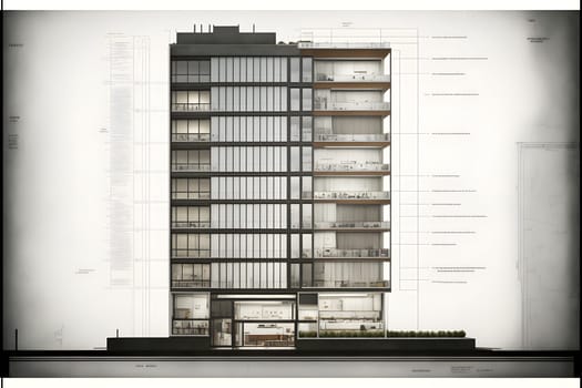 Contemporary apartment building, modern architecture, retail base with large windows, neural network generated art. Digitally generated image. Not based on any actual person, scene or pattern.