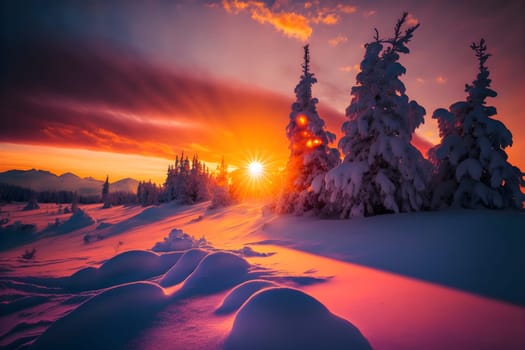 winter sunset landscape with vivid colors snow, trees and far mountains, neural network generated art. Digitally generated image. Not based on any actual person, scene or pattern.