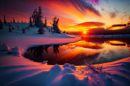 winter sunset landscape with vivid colors snow, trees and far mountains, neural network generated art. Digitally generated image. Not based on any actual person, scene or pattern.