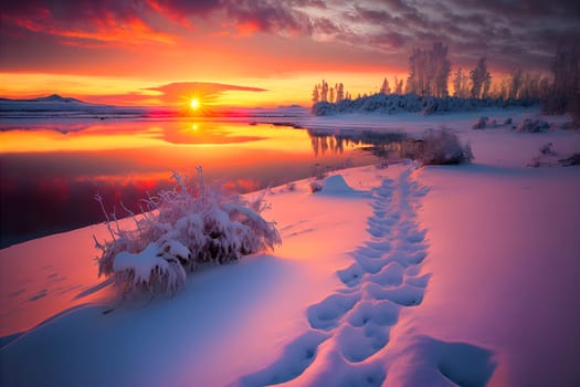 winter sunset landscape with vivid colors snow, trees and far mountains, neural network generated art. Digitally generated image. Not based on any actual person, scene or pattern.