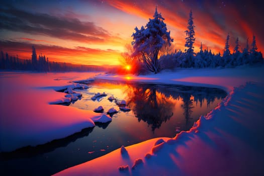 winter sunset landscape with vivid colors snow, trees and far mountains, neural network generated art. Digitally generated image. Not based on any actual person, scene or pattern.