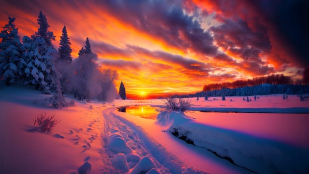 winter sunset landscape with vivid colors snow, trees and far mountains, neural network generated art. Digitally generated image. Not based on any actual person, scene or pattern.