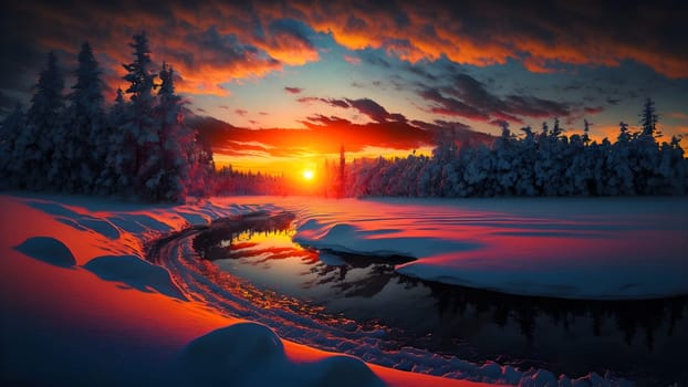 winter sunset landscape with vivid colors snow, trees and far mountains, neural network generated art. Digitally generated image. Not based on any actual person, scene or pattern.