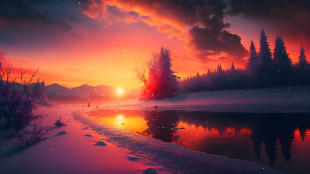 winter sunset landscape with vivid colors snow, trees and far mountains, neural network generated art. Digitally generated image. Not based on any actual person, scene or pattern.