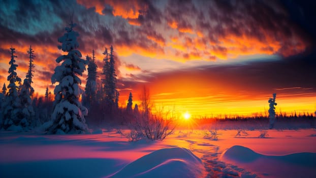 winter sunset landscape with vivid colors snow, trees and far mountains, neural network generated art. Digitally generated image. Not based on any actual person, scene or pattern.