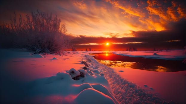 winter sunset landscape with vivid colors snow, trees and far mountains, neural network generated art. Digitally generated image. Not based on any actual person, scene or pattern.