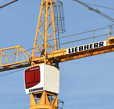 Moscow, Russia - Oct 11.2023. Cabin and part of liebherr crane boom