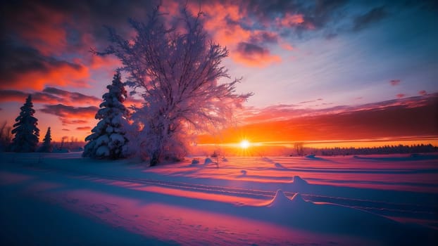 winter sunset landscape with vivid colors snow, trees and far mountains, neural network generated art. Digitally generated image. Not based on any actual person, scene or pattern.