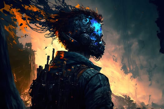 dreamy fantastic sci fi post apocalyptic character blended technology and biology, neural network generated art. Digitally generated image. Not based on any actual person, scene or pattern.
