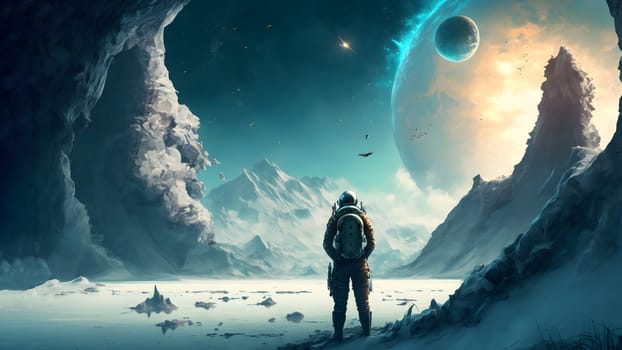 extraterrestrial wallpaper art with human figure on coast of rocky lake faced toward large planet in the sky, neural network generated art. Generative AI. Not based on any actual person or scene.