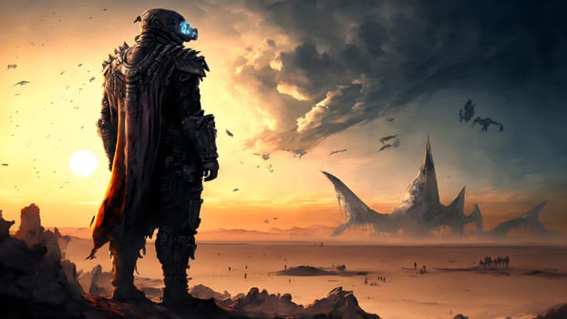 fantastic desert world landscape with human character faced toward alen spiked structure with flying creatures around, neural network generative AI art. Not based on any actual person or scene.
