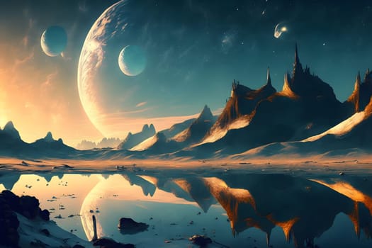 extraterrestrial wallpaper art with rocky lake and large planets in the sky, neural network generated art. Generative AI. Not based on any actual person or scene.