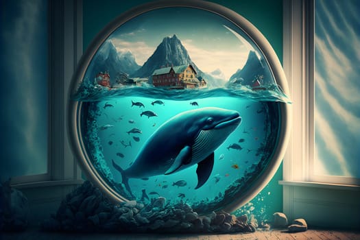 unreal dreamy background with aquarium with whale and house in rocky landscape, neural network generated art. Digitally generated image. Not based on any actual person, scene or pattern.