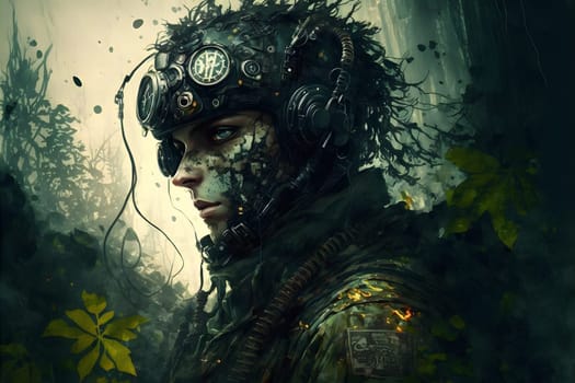 fantastic steampunk non-existent soldier woman in misty forest - close portrait, neural network generated art. Digitally generated image. Not based on any actual person, scene or pattern.