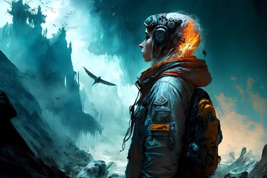 fantastic non-existent steampunk pilot woman in rocky landscape, neural network generated art. Digitally generated image. Not based on any actual person, scene or pattern.