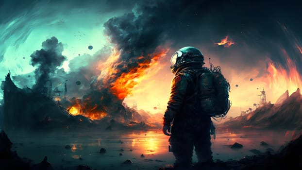 human in space suit watching large burning crash site in fantastic landscape, neural network generated art. Digitally generated image. Not based on any actual person, scene or pattern.