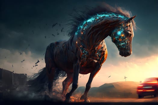 fantastic cybernetic horse looking at passing car at sunset, neural network generated art. Digitally generated image. Not based on any actual person, scene or pattern.