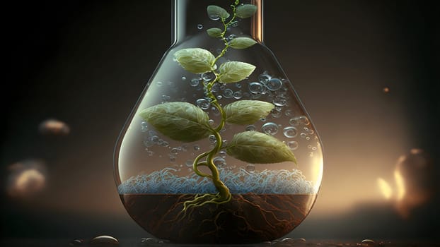 biotechnology concept - glass flask with vegetable sprout inside, neural network generated art. Digitally generated image. Not based on any actual person, scene or pattern.