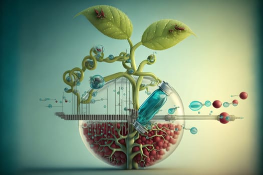 biotechnology concept - glass flask with vegetable sprout inside, neural network generated art. Digitally generated image. Not based on any actual person, scene or pattern.