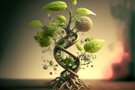 biotechnology concept - green vegetable sprout with DNA spiral around, neural network generated art. Digitally generated image. Not based on any actual person, scene or pattern.