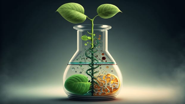 biotechnology concept - glass flask with vegetable sprout inside, neural network generated art. Digitally generated image. Not based on any actual person, scene or pattern.
