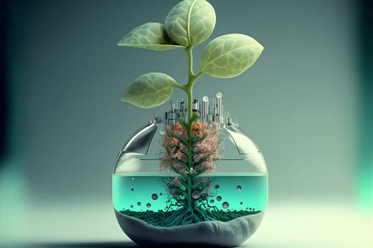 biotechnology concept - glass flask with vegetable sprout inside, neural network generated art. Digitally generated image. Not based on any actual person, scene or pattern.