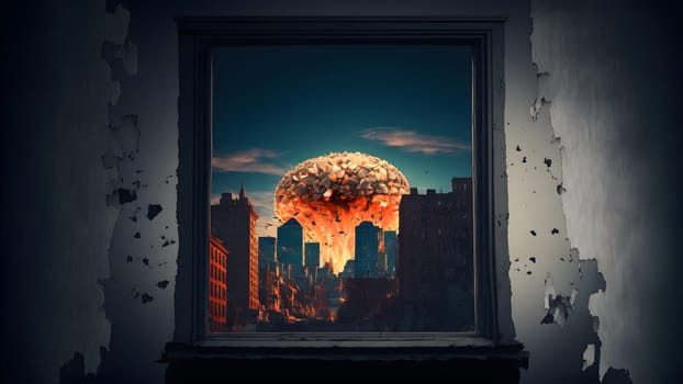 nuclear exposion mushroom over city, view through the window, neural network generated art. Digitally generated image. Not based on any actual person, scene or pattern.