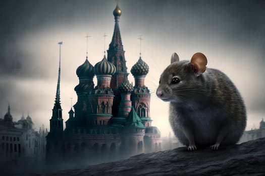 grey rat on pile of debris with church similar to Saint Basils Cathedral in the background, neural network generated art. Digitally generated image. Not based on any actual person, scene or pattern.