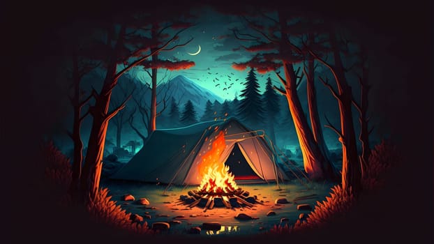 campfire is burning in front of tourist tent in night forest, neural network generated art. Digitally generated image. Not based on any actual person, scene or pattern.