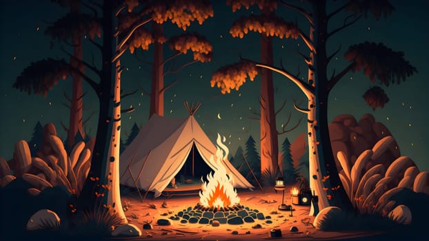 campfire is burning in front of tourist tent in night forest, neural network generated art. Digitally generated image. Not based on any actual person, scene or pattern.