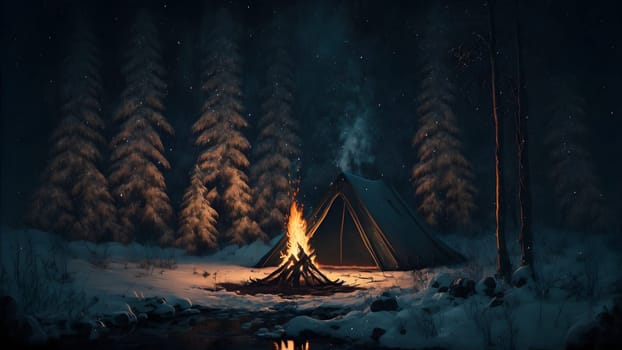 campfire is burning in front of tourist tent in night forest, neural network generated art. Digitally generated image. Not based on any actual person, scene or pattern.