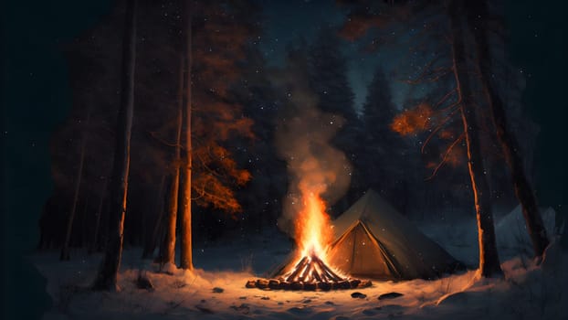 campfire is burning in front of tourist tent in night forest, neural network generated art. Digitally generated image. Not based on any actual person, scene or pattern.