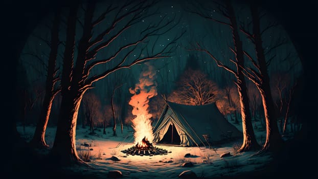 campfire is burning in front of tourist tent in night forest, neural network generated art. Digitally generated image. Not based on any actual person, scene or pattern.