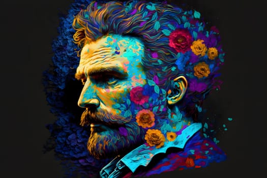 portrait of bearded man with flowers in style of Pointillism, neural network generated art. Digitally generated image. Not based on any actual person, scene or pattern.