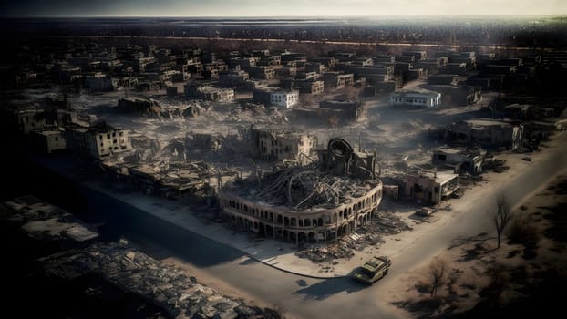 city after carpet bombing, aerial view, neural network generated art. Digitally generated image. Not based on any actual person, scene or pattern.