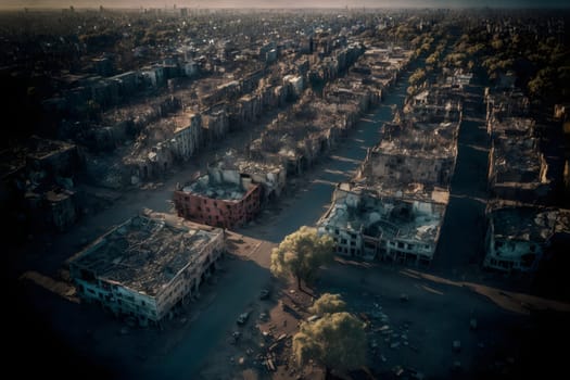 city after carpet bombing, aerial view, neural network generated art. Digitally generated image. Not based on any actual person, scene or pattern.