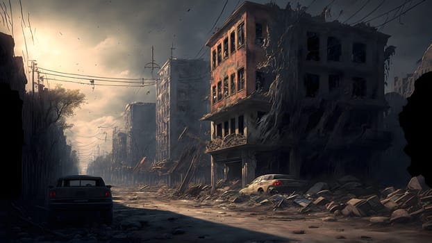 city after longterm war, ground level view, neural network generated art. Digitally generated image. Not based on any actual person, scene or pattern.