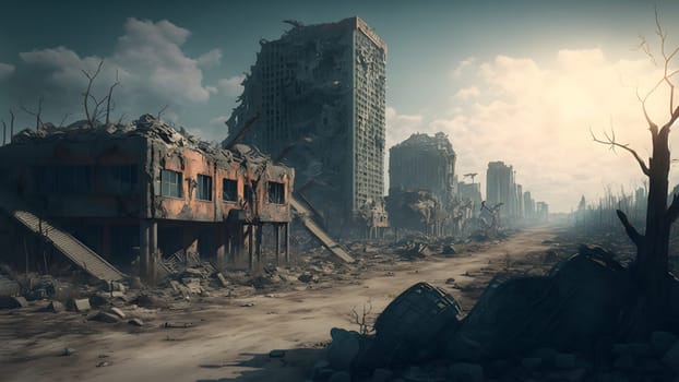city after longterm war, ground level view, neural network generated art. Digitally generated image. Not based on any actual person, scene or pattern.