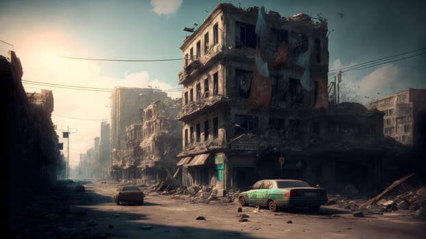 city after longterm war, ground level view, neural network generated art. Digitally generated image. Not based on any actual person, scene or pattern.